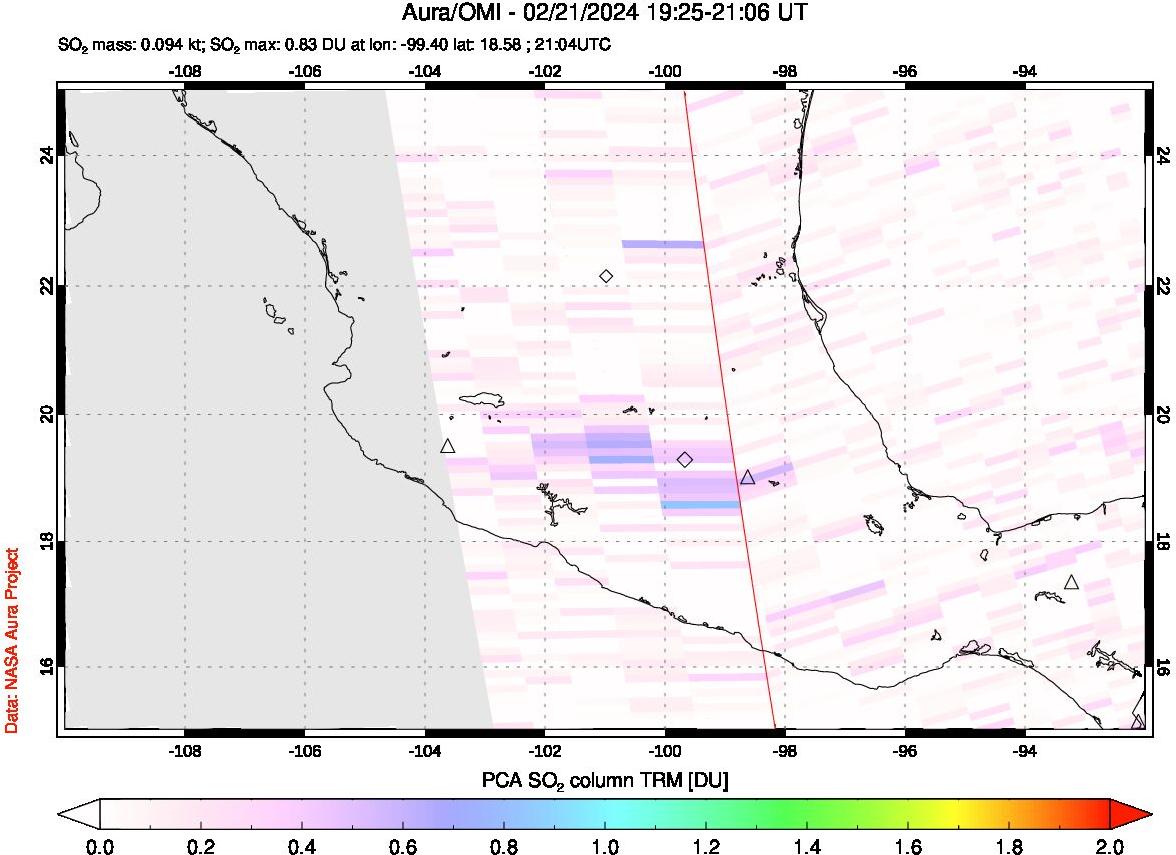 A sulfur dioxide image over Mexico on Feb 21, 2024.