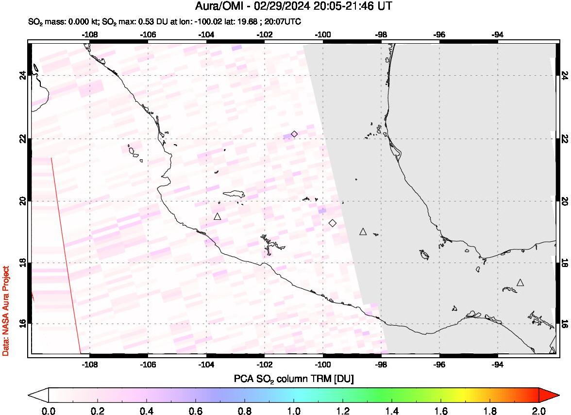 A sulfur dioxide image over Mexico on Feb 29, 2024.