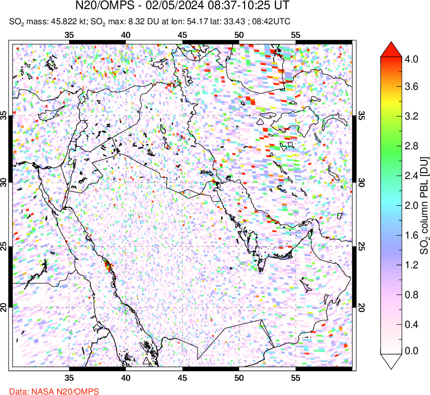 A sulfur dioxide image over Middle East on Feb 05, 2024.