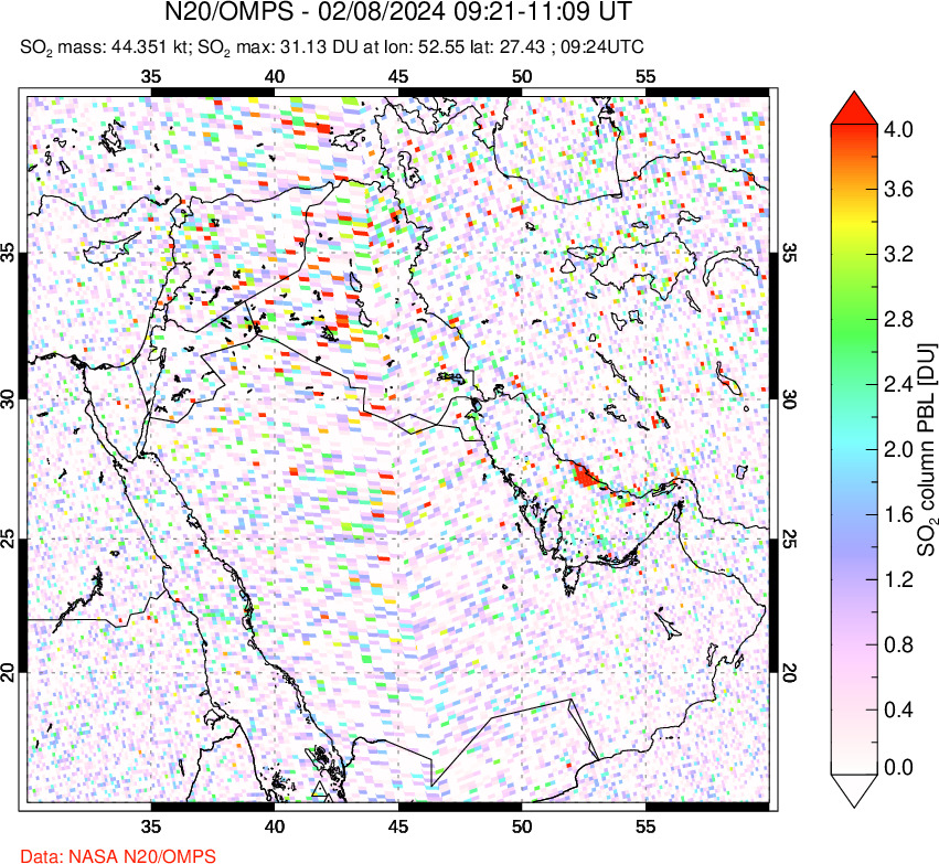 A sulfur dioxide image over Middle East on Feb 08, 2024.