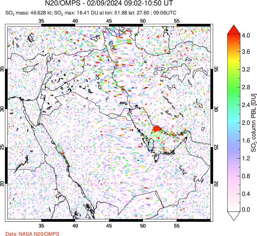 A sulfur dioxide image over Middle East on Feb 09, 2024.