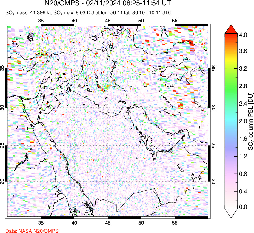 A sulfur dioxide image over Middle East on Feb 11, 2024.