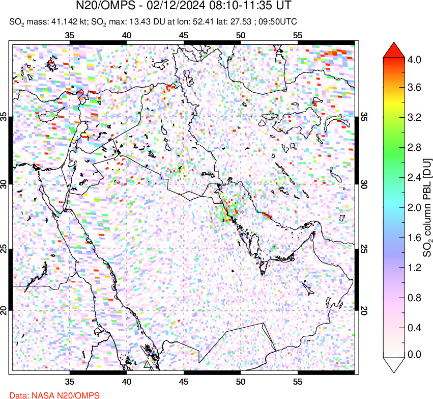 A sulfur dioxide image over Middle East on Feb 12, 2024.