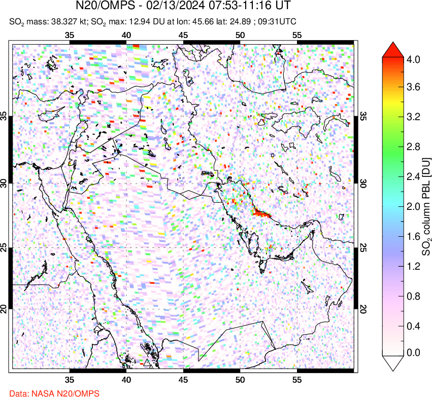 A sulfur dioxide image over Middle East on Feb 13, 2024.