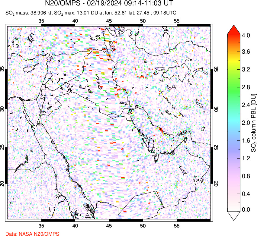 A sulfur dioxide image over Middle East on Feb 19, 2024.