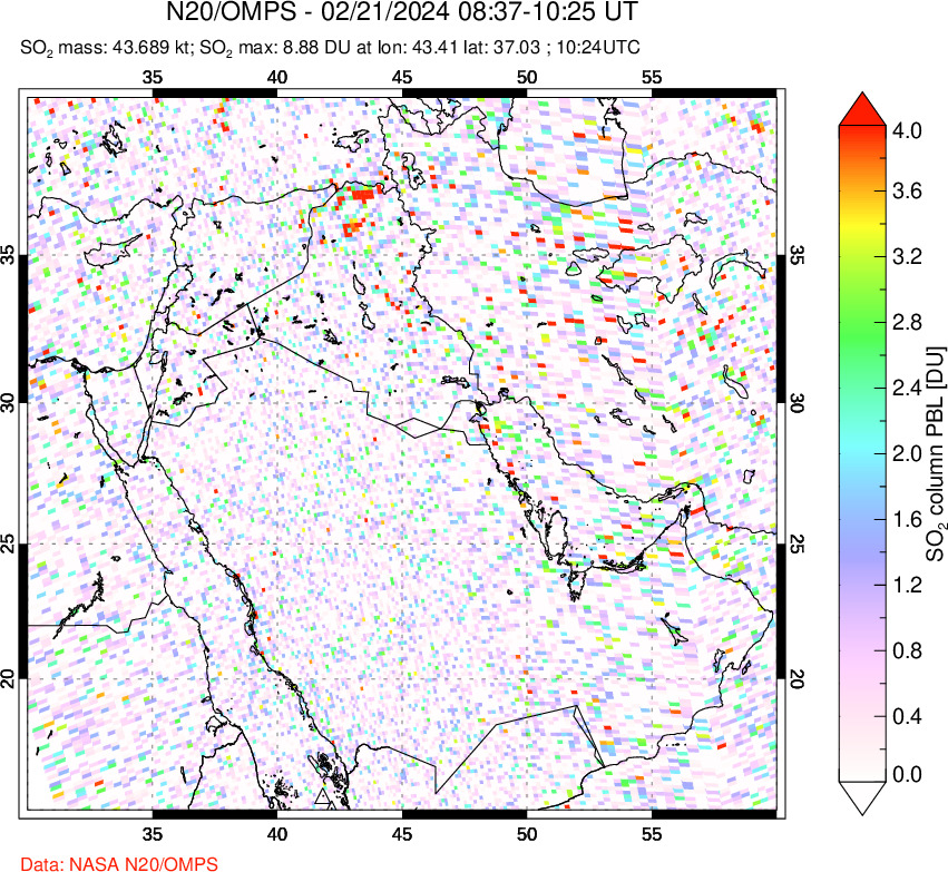 A sulfur dioxide image over Middle East on Feb 21, 2024.