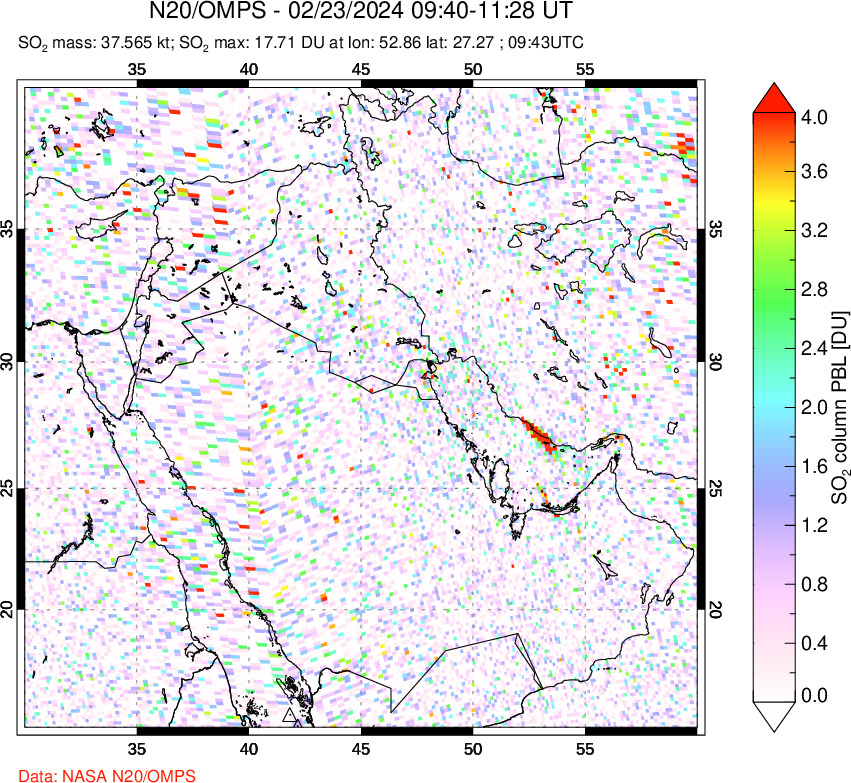 A sulfur dioxide image over Middle East on Feb 23, 2024.