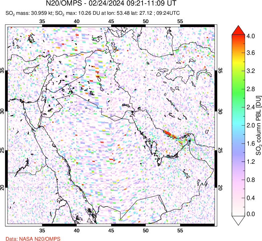 A sulfur dioxide image over Middle East on Feb 24, 2024.