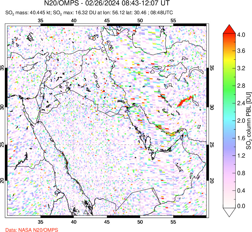 A sulfur dioxide image over Middle East on Feb 26, 2024.