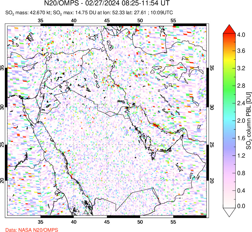 A sulfur dioxide image over Middle East on Feb 27, 2024.