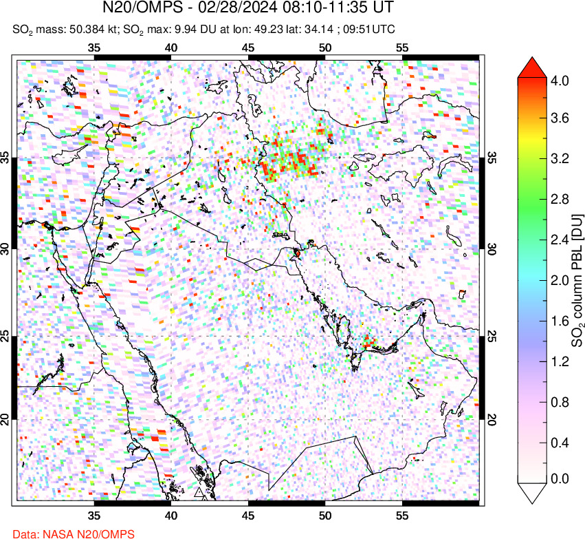 A sulfur dioxide image over Middle East on Feb 28, 2024.