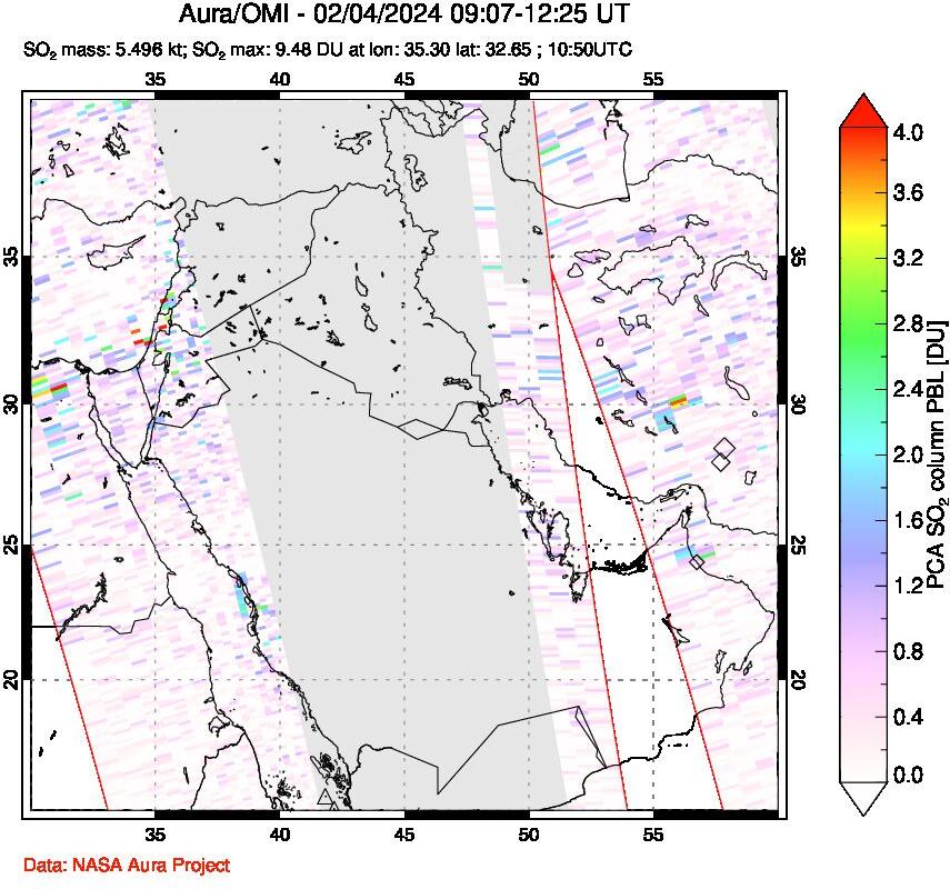 A sulfur dioxide image over Middle East on Feb 04, 2024.