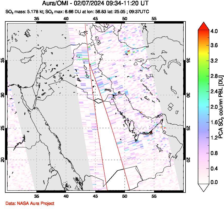A sulfur dioxide image over Middle East on Feb 07, 2024.