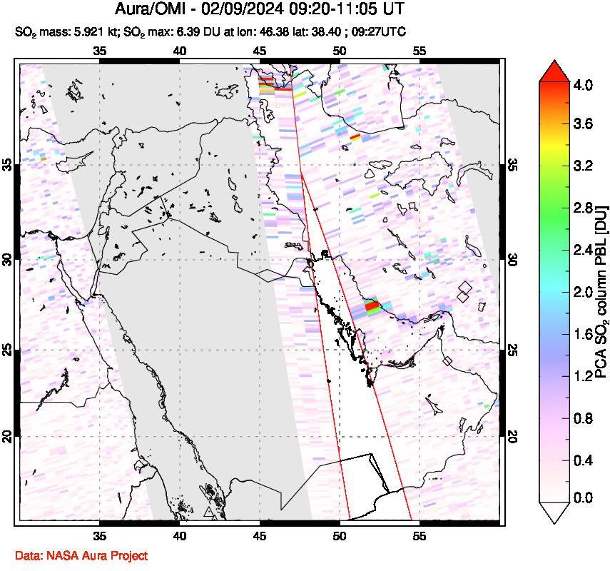 A sulfur dioxide image over Middle East on Feb 09, 2024.