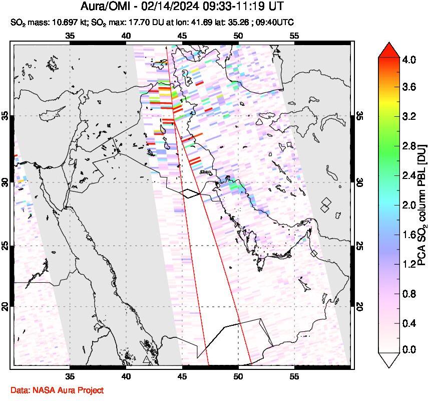 A sulfur dioxide image over Middle East on Feb 14, 2024.