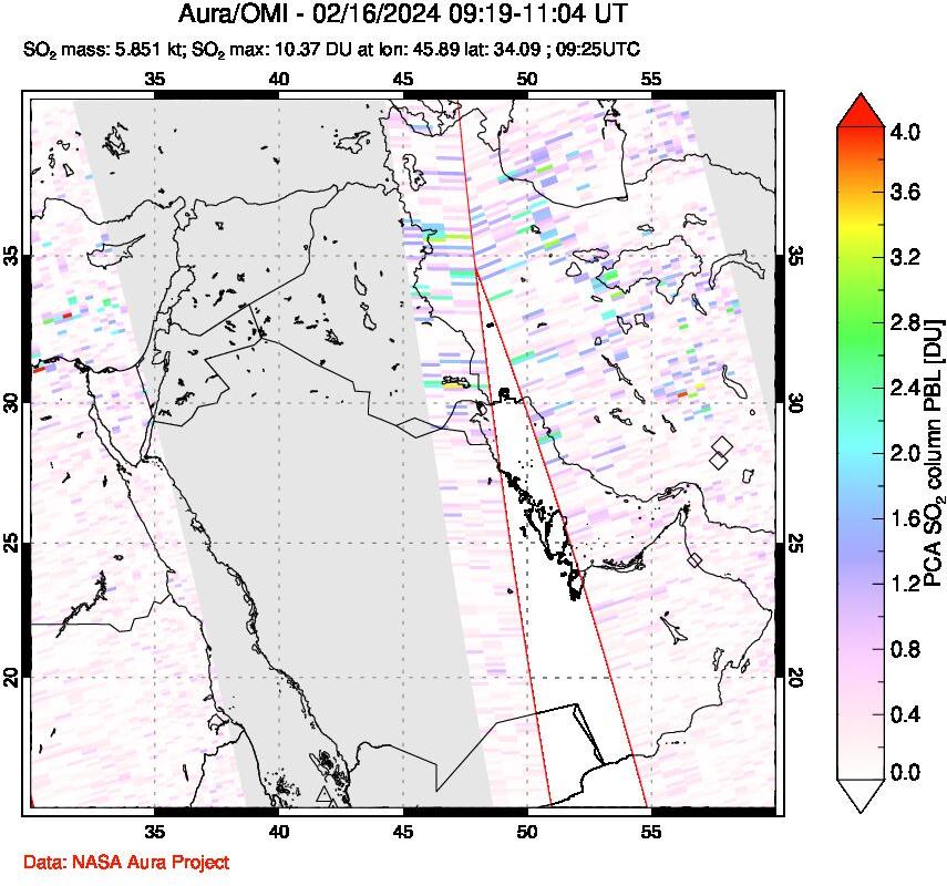 A sulfur dioxide image over Middle East on Feb 16, 2024.