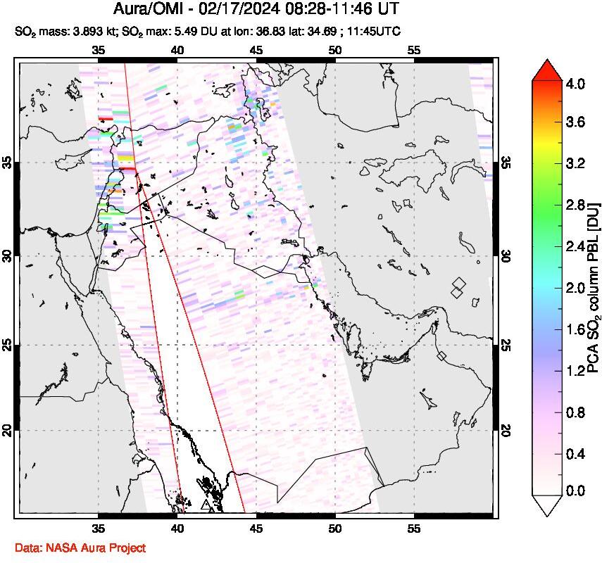 A sulfur dioxide image over Middle East on Feb 17, 2024.