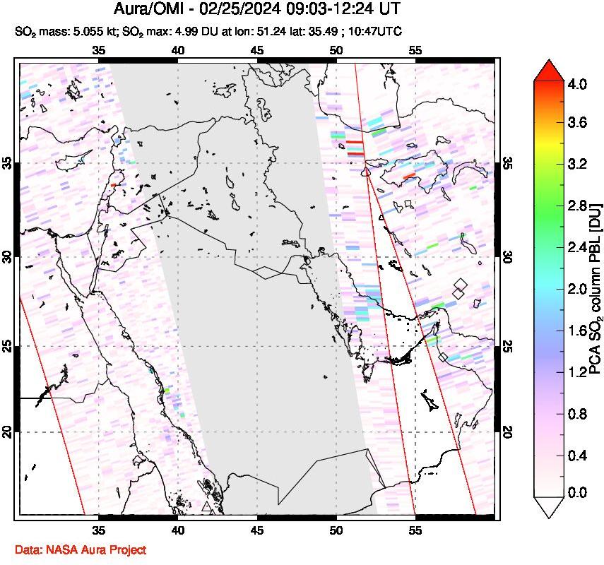 A sulfur dioxide image over Middle East on Feb 25, 2024.