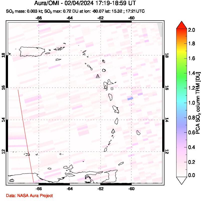 A sulfur dioxide image over Montserrat, West Indies on Feb 04, 2024.