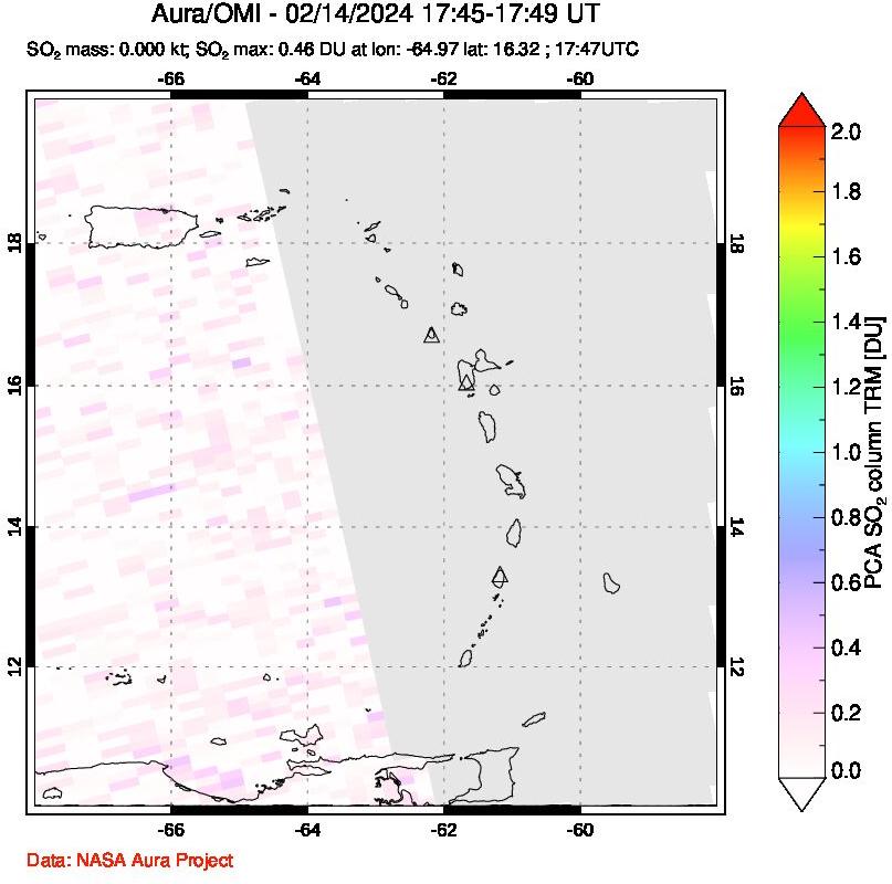 A sulfur dioxide image over Montserrat, West Indies on Feb 14, 2024.