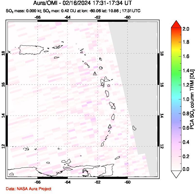 A sulfur dioxide image over Montserrat, West Indies on Feb 16, 2024.