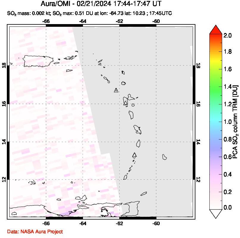 A sulfur dioxide image over Montserrat, West Indies on Feb 21, 2024.
