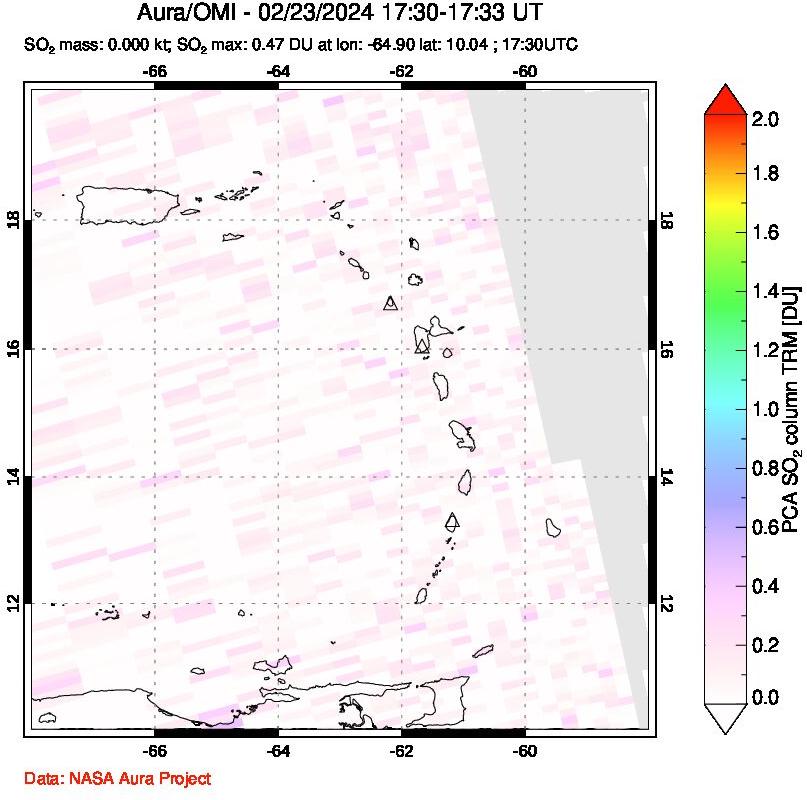 A sulfur dioxide image over Montserrat, West Indies on Feb 23, 2024.