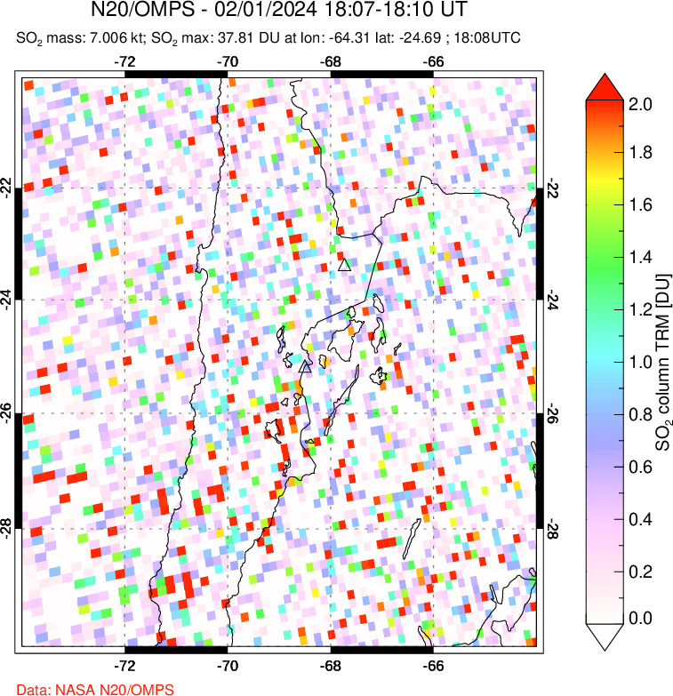 A sulfur dioxide image over Northern Chile on Feb 01, 2024.