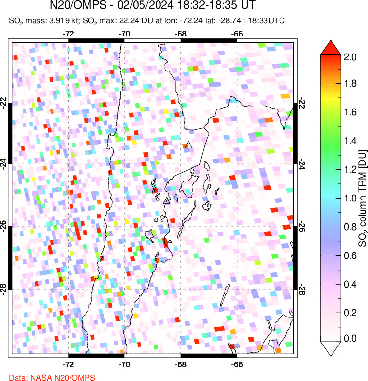 A sulfur dioxide image over Northern Chile on Feb 05, 2024.