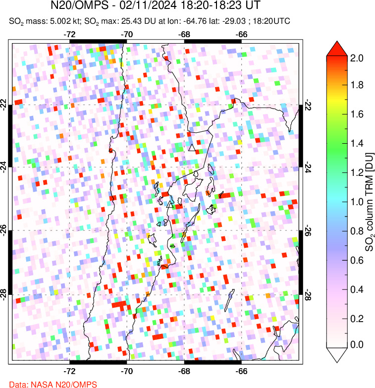 A sulfur dioxide image over Northern Chile on Feb 11, 2024.