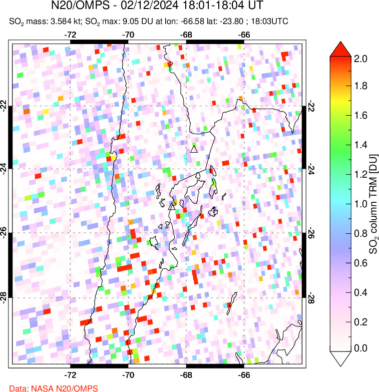 A sulfur dioxide image over Northern Chile on Feb 12, 2024.