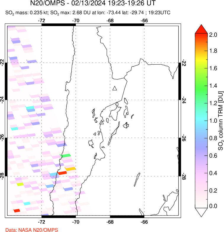 A sulfur dioxide image over Northern Chile on Feb 13, 2024.