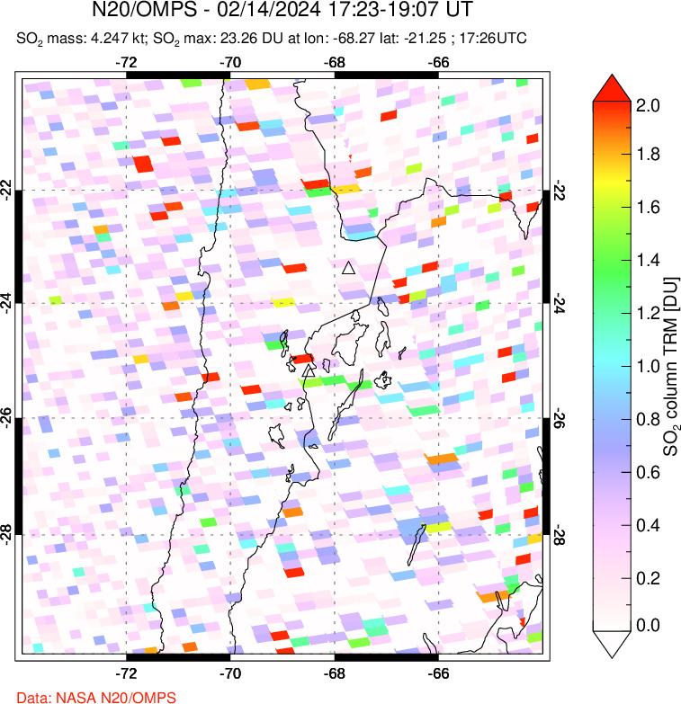 A sulfur dioxide image over Northern Chile on Feb 14, 2024.