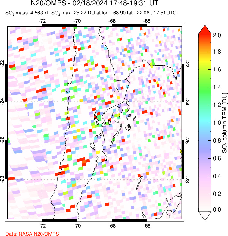 A sulfur dioxide image over Northern Chile on Feb 18, 2024.