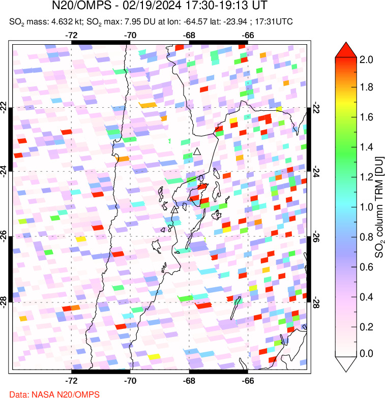 A sulfur dioxide image over Northern Chile on Feb 19, 2024.