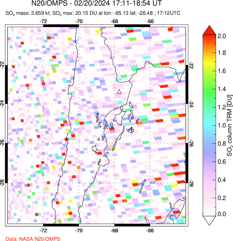 A sulfur dioxide image over Northern Chile on Feb 20, 2024.