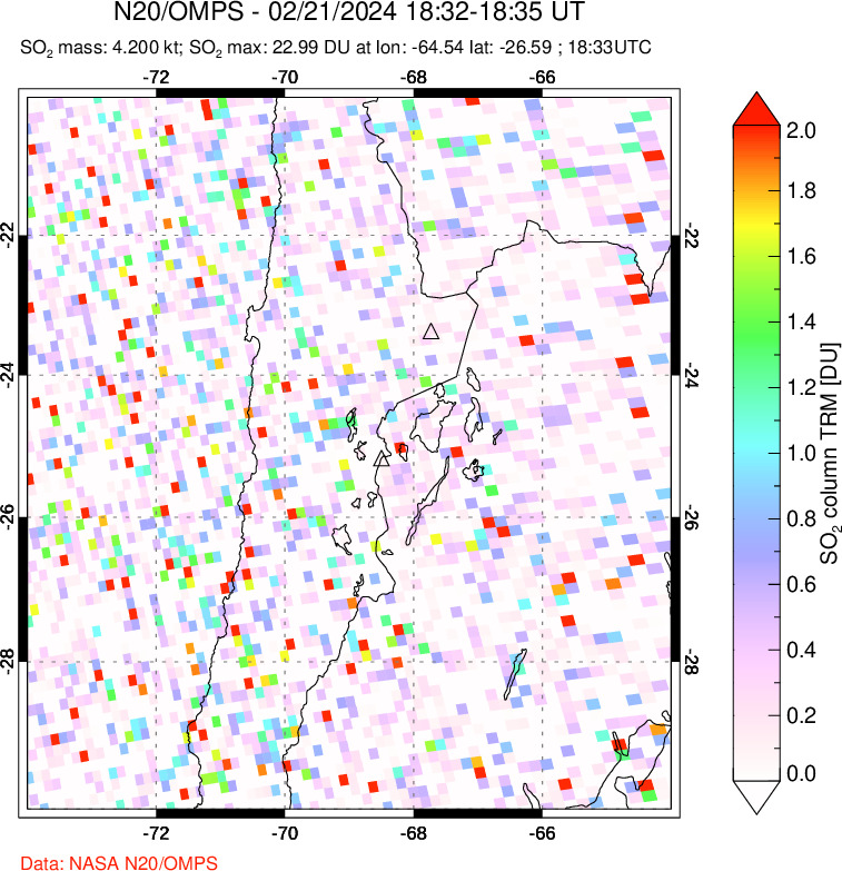 A sulfur dioxide image over Northern Chile on Feb 21, 2024.