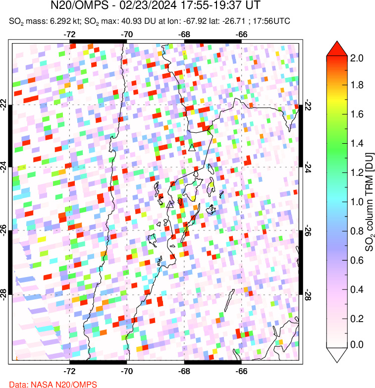 A sulfur dioxide image over Northern Chile on Feb 23, 2024.