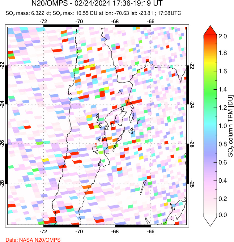 A sulfur dioxide image over Northern Chile on Feb 24, 2024.