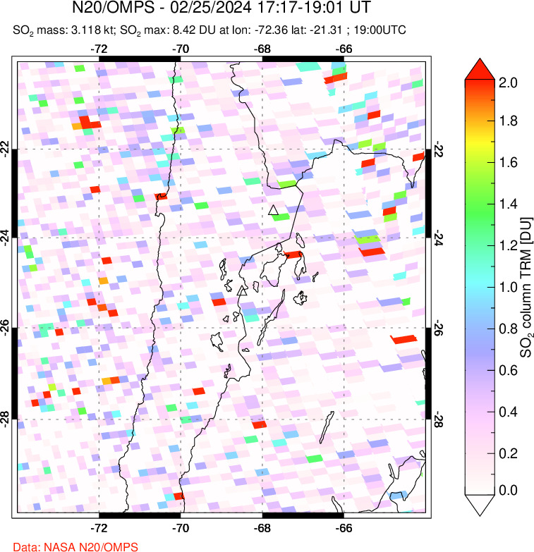 A sulfur dioxide image over Northern Chile on Feb 25, 2024.