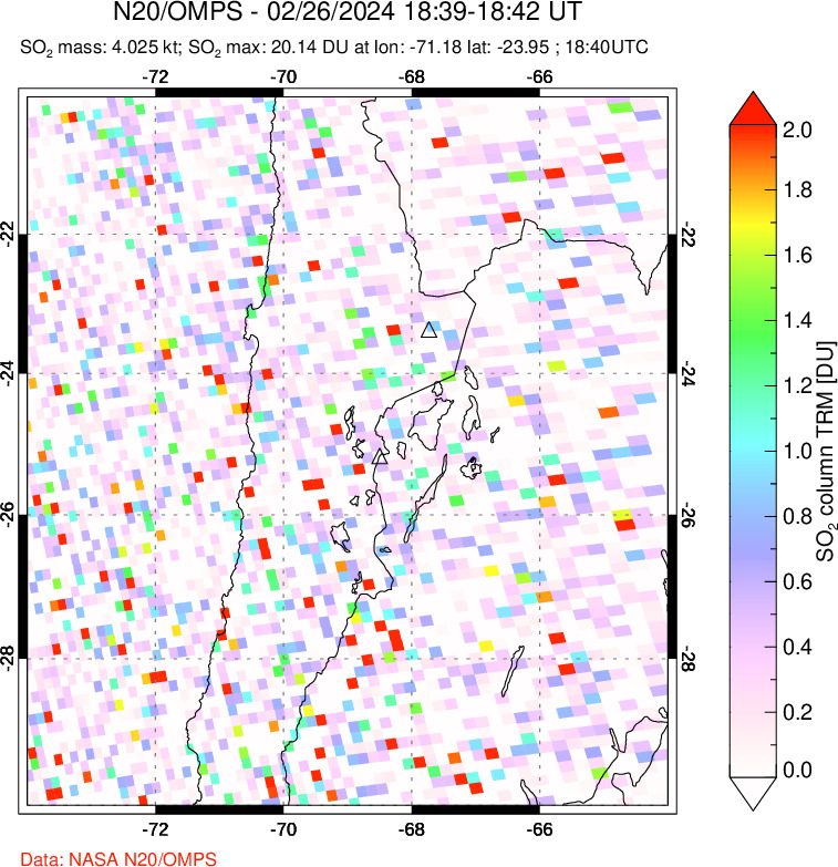 A sulfur dioxide image over Northern Chile on Feb 26, 2024.