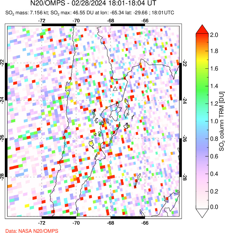 A sulfur dioxide image over Northern Chile on Feb 28, 2024.