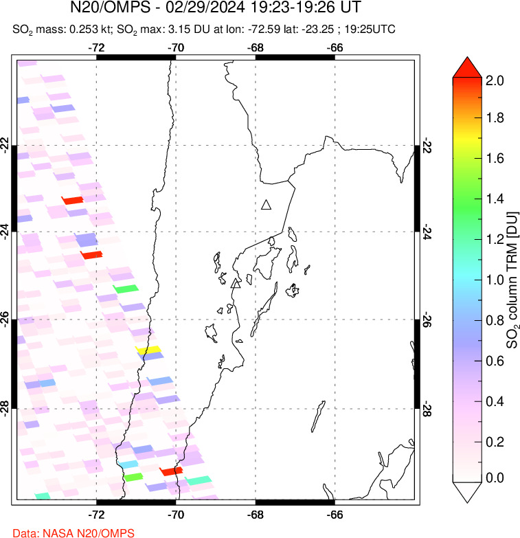 A sulfur dioxide image over Northern Chile on Feb 29, 2024.