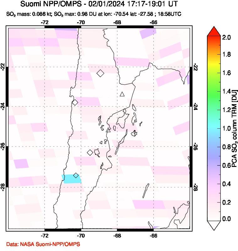 A sulfur dioxide image over Northern Chile on Feb 01, 2024.