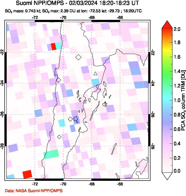 A sulfur dioxide image over Northern Chile on Feb 03, 2024.