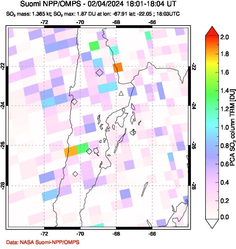 A sulfur dioxide image over Northern Chile on Feb 04, 2024.