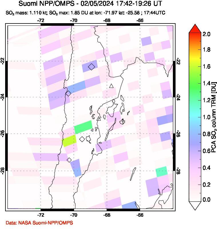 A sulfur dioxide image over Northern Chile on Feb 05, 2024.