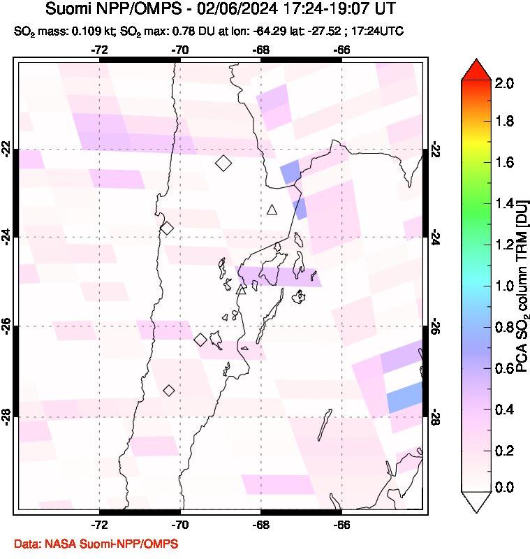 A sulfur dioxide image over Northern Chile on Feb 06, 2024.