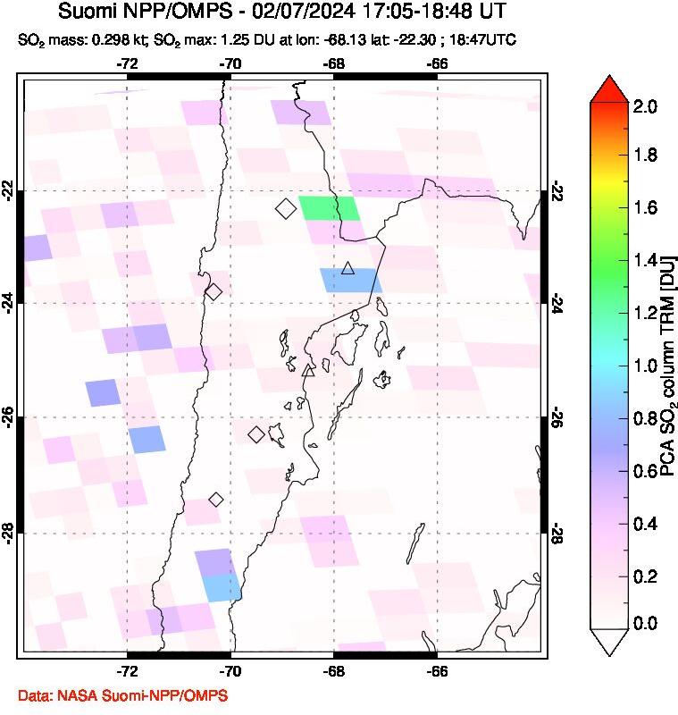 A sulfur dioxide image over Northern Chile on Feb 07, 2024.