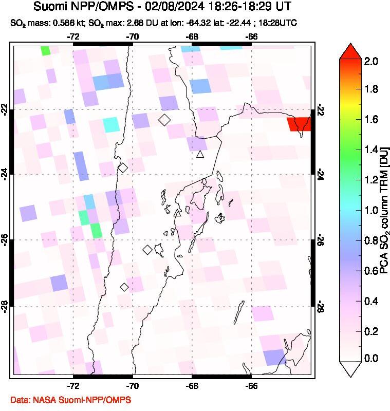 A sulfur dioxide image over Northern Chile on Feb 08, 2024.